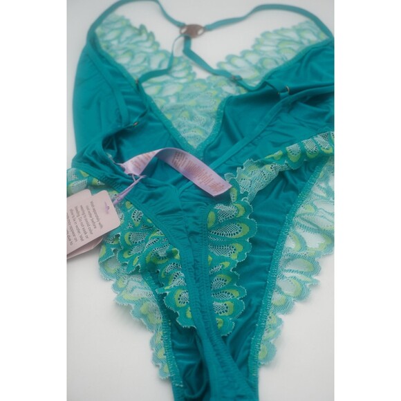 Savage Fenty Not Sorry Teddy Bodysuit Teal Lace Thong Strappy V NeckNWT Sz Small - Picture 4 of 7